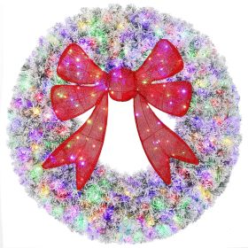 HOMCOM 36in Flocked Pre-Lit Christmas Wreath with 3D Red Bow, 11 Lighting Modes, Front Door Christmas Wreath with Remote