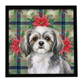 Grey and White Tibetan Spaniel Christmas PoinsettIas Framed Metal Print Bathroom, Kitchen, Office, Home Decor Wall Art Ready to Hang, Square, 8X8