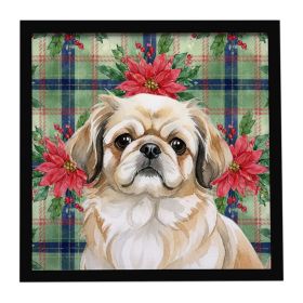 Fawn Pekingese Christmas PoinsettIas Framed Metal Print Bathroom, Kitchen, Office, Home Decor Wall Art Ready to Hang, Square, 8X8