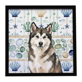Sable and White Alaskan Malamute Coastal Sea Glass Framed Metal Print Bathroom, Kitchen, Office, Home Decor Wall Art Ready to Hang, Square, 8X8