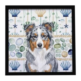 Blue Merle American Shepherd Coastal Sea Glass Framed Metal Print Bathroom, Kitchen, Office, Home Decor Wall Art Ready to Hang, Square, 8X8