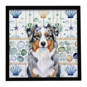 Blue Merle Australian Shepherd Coastal Sea Glass Framed Metal Print Bathroom, Kitchen, Office, Home Decor Wall Art Ready to Hang, Square, 8X8
