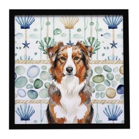 Red Merle Australian Shepherd Coastal Sea Glass Framed Metal Print Bathroom, Kitchen, Office, Home Decor Wall Art Ready to Hang, Square, 8X8