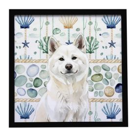 White Akita Coastal Sea Glass Framed Metal Print Bathroom, Kitchen, Office, Home Decor Wall Art Ready to Hang, Square, 8X8