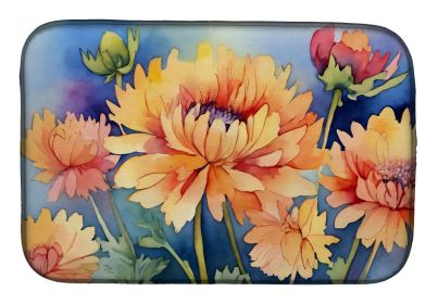 Chrysanthemums in Watercolor Dish Drying Mat Absorbent Dish Drying Mat Pad for Kitchen Counter Dish Drainer Mat for Countertop, 14 x 21", Multico