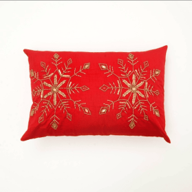Soft And Fashionable Polyester Wooden Pillow With Bead Decoration (Color: Red)