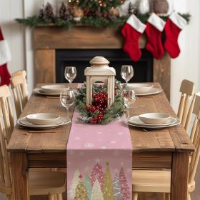 Christmas Table Runner 13x90 Inch, Xmas Trees Snowflakes Holiday Decorative Farmhouse Table Decoration for Kitchen Dinning (Color: pink)
